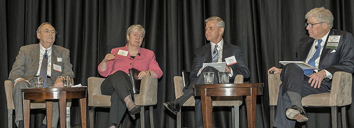(From left to right) Joel V. Williamson (Mayer Brown LLP), Mary C. Bennett (Baker & McKenzie LLP), T. Timothy Tuerff (Deloitte Tax LLP) and TEI International President C.N. (Sandy) Macfarlane (Chevron Corp.) share their perspectives on “Change and Its Consequences” as part of the plenary session on Monday, March 14.