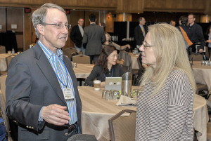 Caleb Standafer (Teledyne Technologies Inc.) and Bonnie Noble (Pulse Electronics Corp.) take advantage of some networking time between sessions.