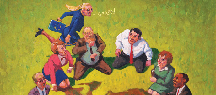illustration of adults sitting in circle playing "duck, duck, goose"